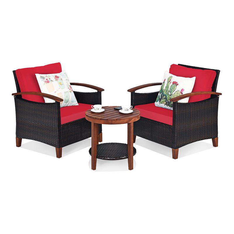Costway 3-piece Rattan Patio Furniture Set with Wood Frame in Red