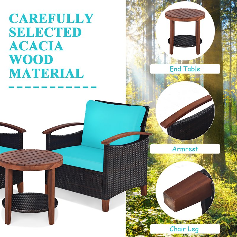 Costway 3-piece Rattan Patio Furniture Set with Wood Frame in Turquoise