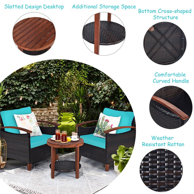 Costway 3-piece Rattan Patio Furniture Set with Wood Frame in Turquoise