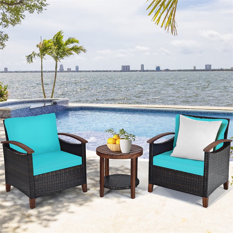 Costway 3-piece Rattan Patio Furniture Set with Wood Frame in Turquoise