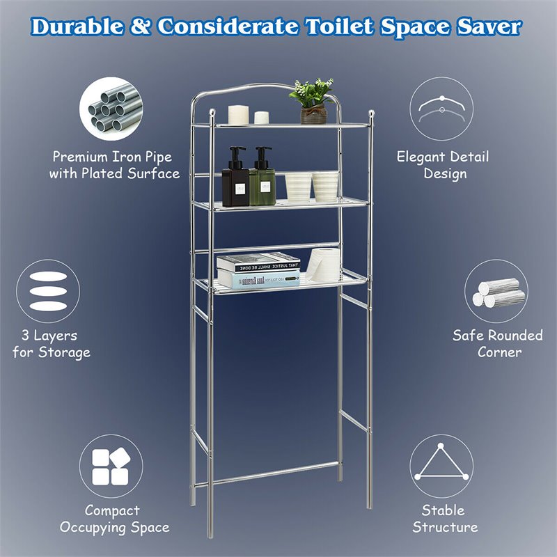 Costway 3-Tier Over The Toilet Metal Towel Rack Storage Organizer in Silver