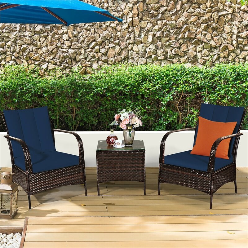 Costway 3-piece Wicker Rattan Patio Furniture Set with Cushions in Navy