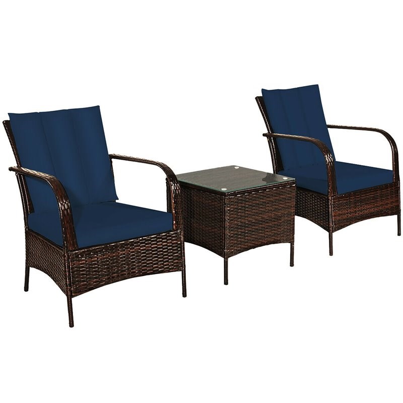 Costway 3-piece Wicker Rattan Patio Furniture Set with Cushions in Navy