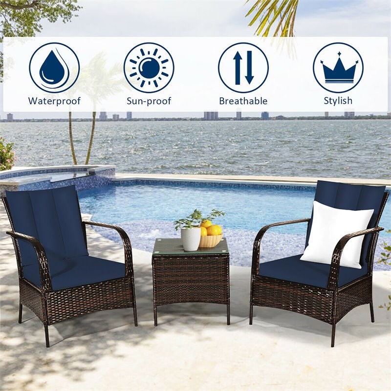 Costway 3-piece Wicker Rattan Patio Furniture Set with Cushions in Navy