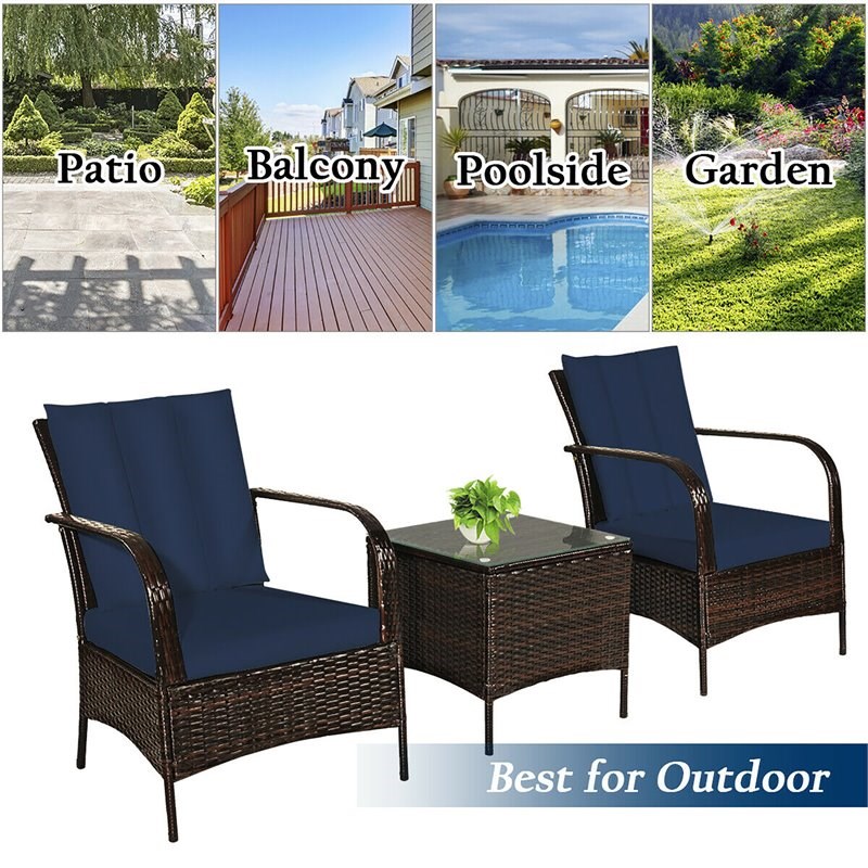 Costway 3-piece Wicker Rattan Patio Furniture Set with Cushions in Navy