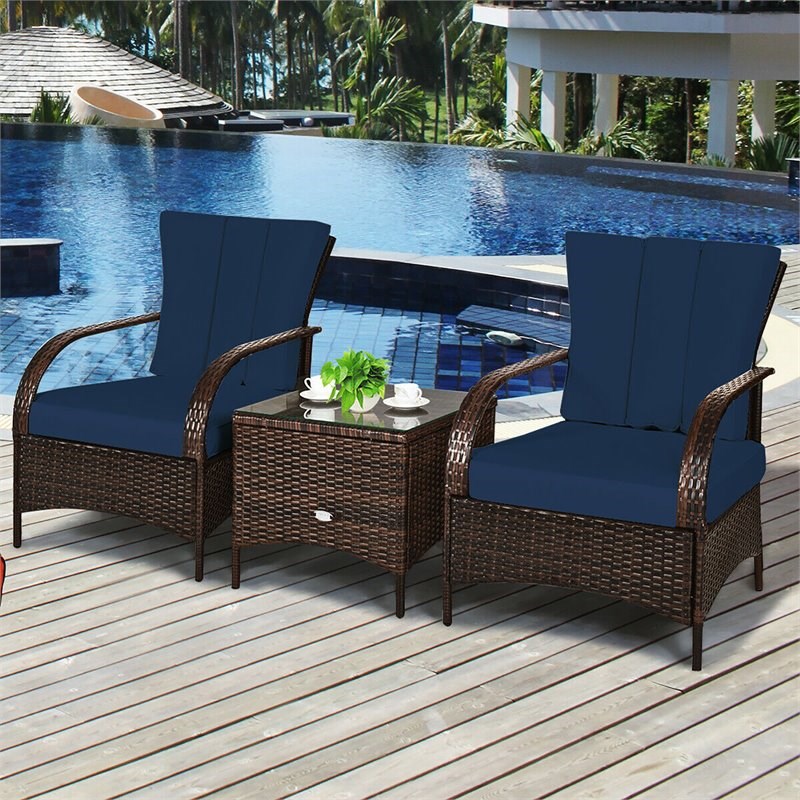 Costway 3-piece Wicker Rattan Patio Furniture Set with Cushions in Navy
