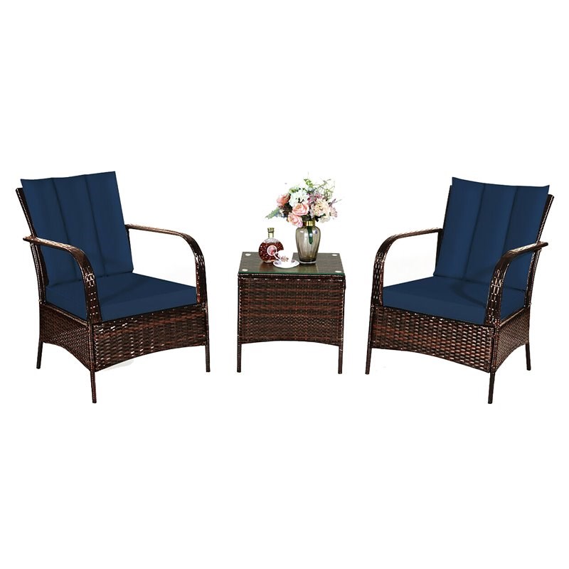 Costway 3-piece Wicker Rattan Patio Furniture Set with Cushions in Navy