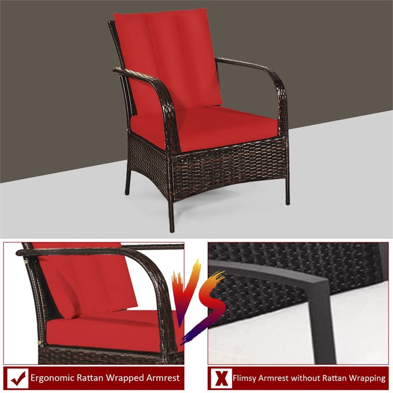 Costway 3-piece Wicker Rattan Patio Furniture Set with Cushions in Red