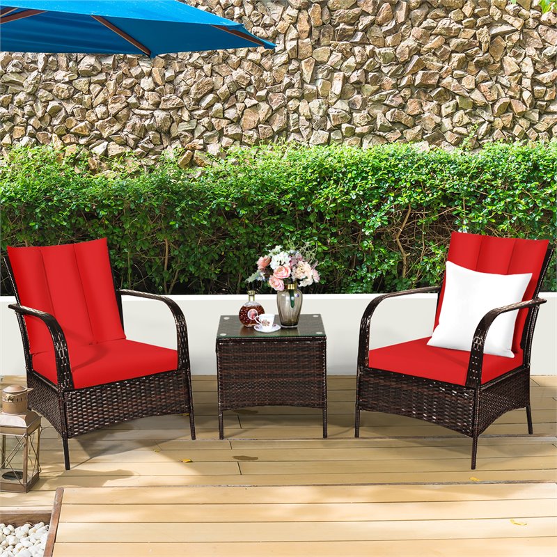 Costway 3-piece Wicker Rattan Patio Furniture Set with Cushions in Red