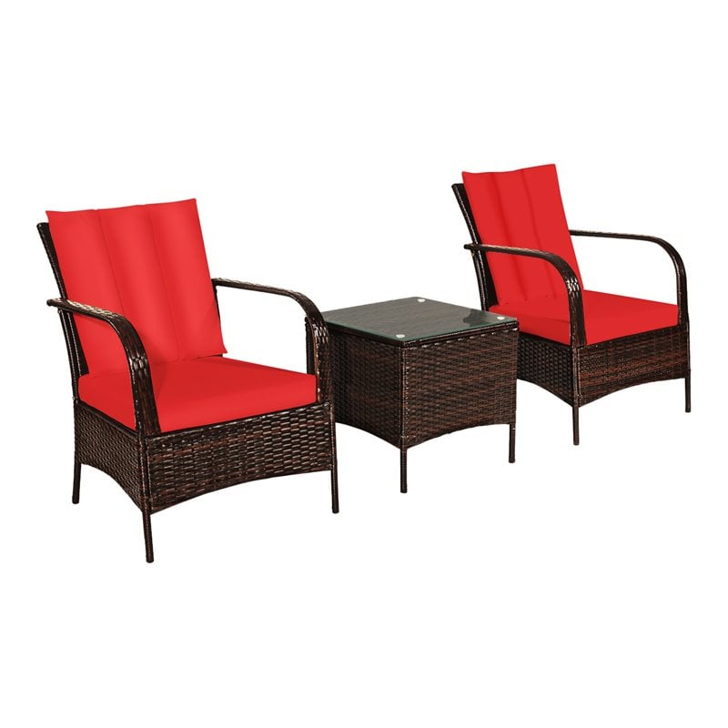 Costway 3-piece Wicker Rattan Patio Furniture Set with Cushions in Red