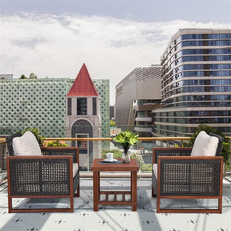Costway 3-piece Rattan Patio Wicker Furniture Set with Square Table in Brown