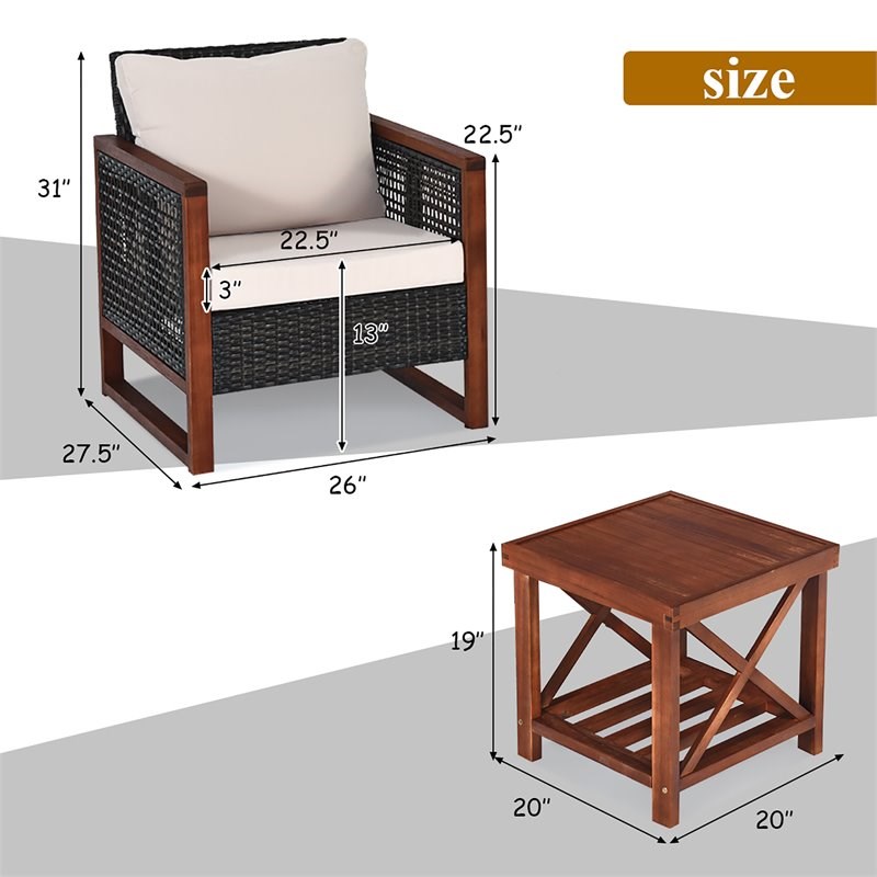 Costway 3-piece Rattan Patio Wicker Furniture Set with Square Table in Brown