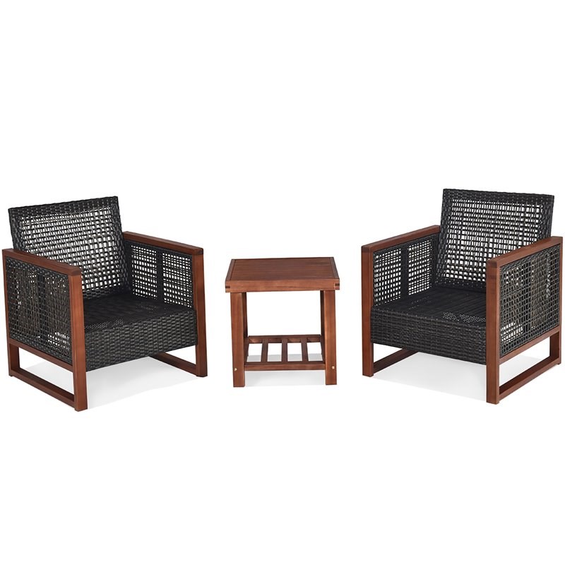 Costway 3-piece Rattan Patio Wicker Furniture Set with Square Table in Brown