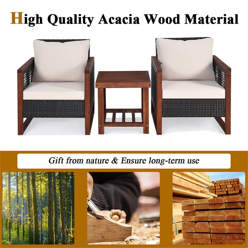 Costway 3-piece Rattan Patio Wicker Furniture Set with Square Table in Brown
