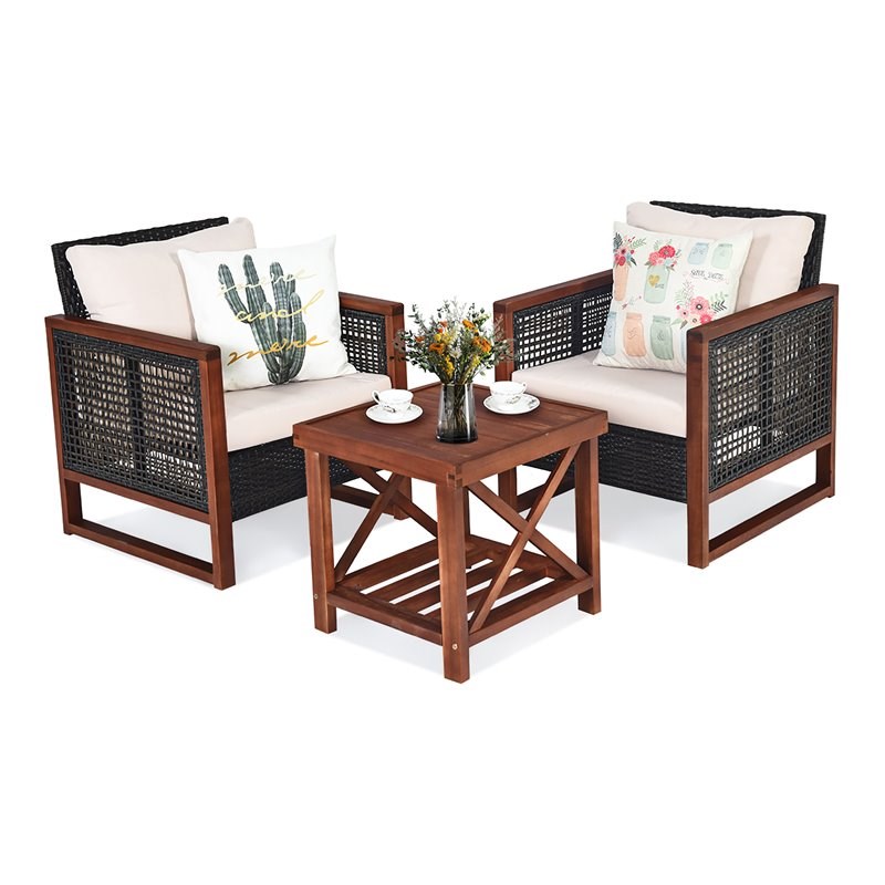 Costway 3-piece Rattan Patio Wicker Furniture Set with Square Table in Brown