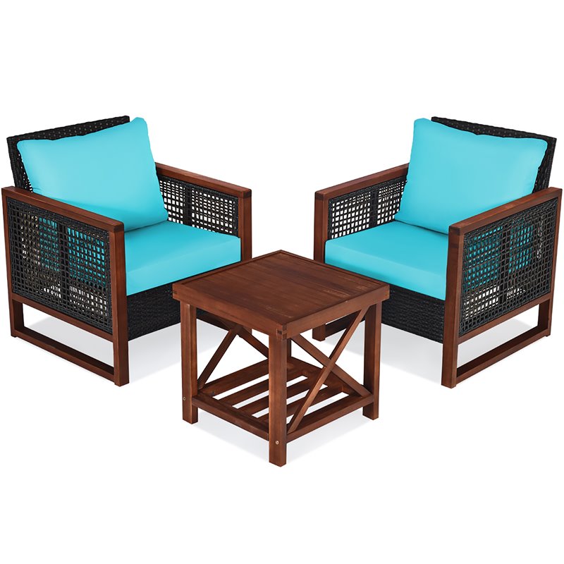 Costway 3-piece Rattan Patio Wicker Furniture Set with Square Table in Turquoise