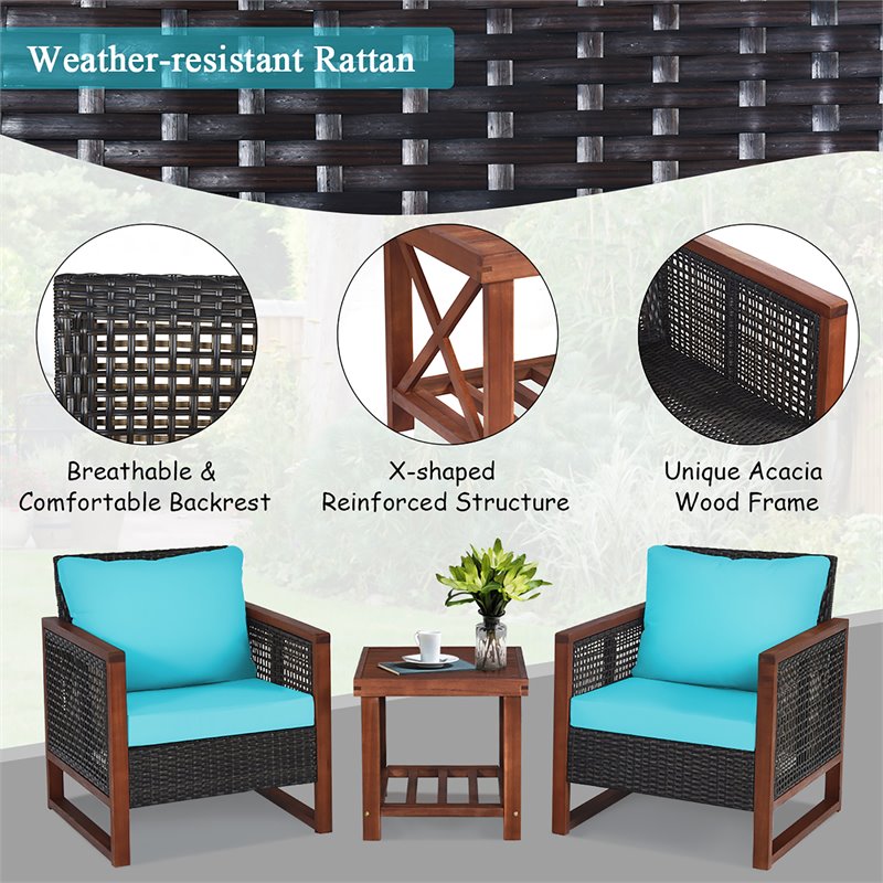 Costway 3-piece Rattan Patio Wicker Furniture Set with Square Table in Turquoise