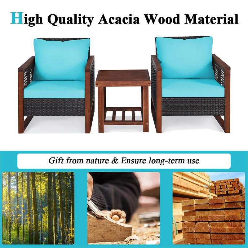 Costway 3-piece Rattan Patio Wicker Furniture Set with Square Table in Turquoise