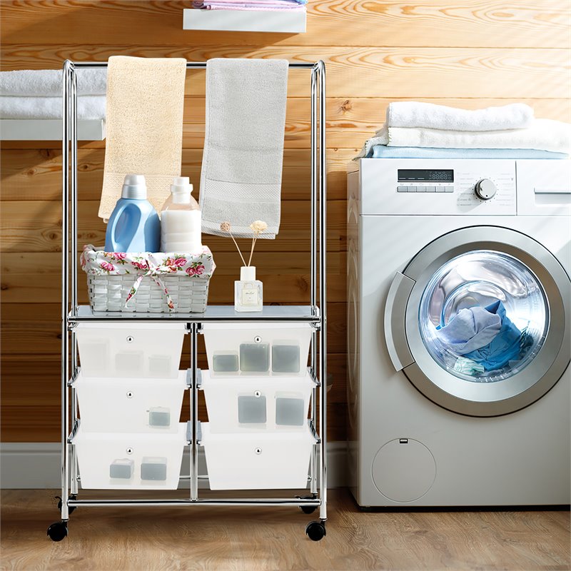 Costway 6-drawer Steel and PP Rolling Storage Cart with Hanging Bar in Clear