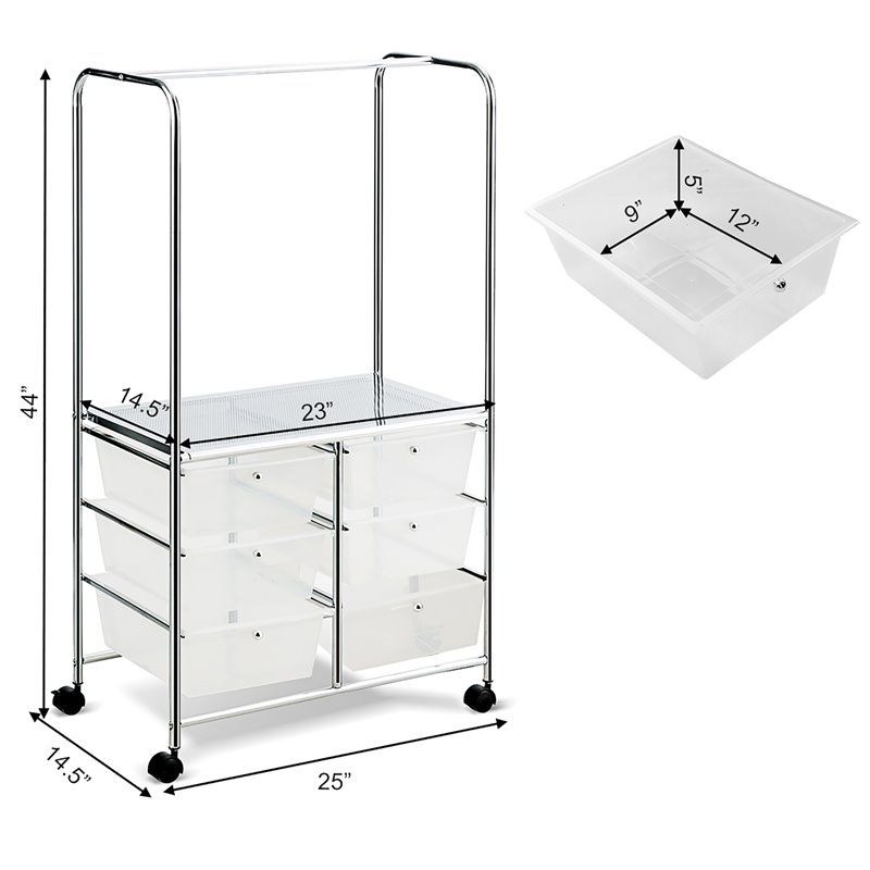 Costway 6-drawer Steel and PP Rolling Storage Cart with Hanging Bar in Clear