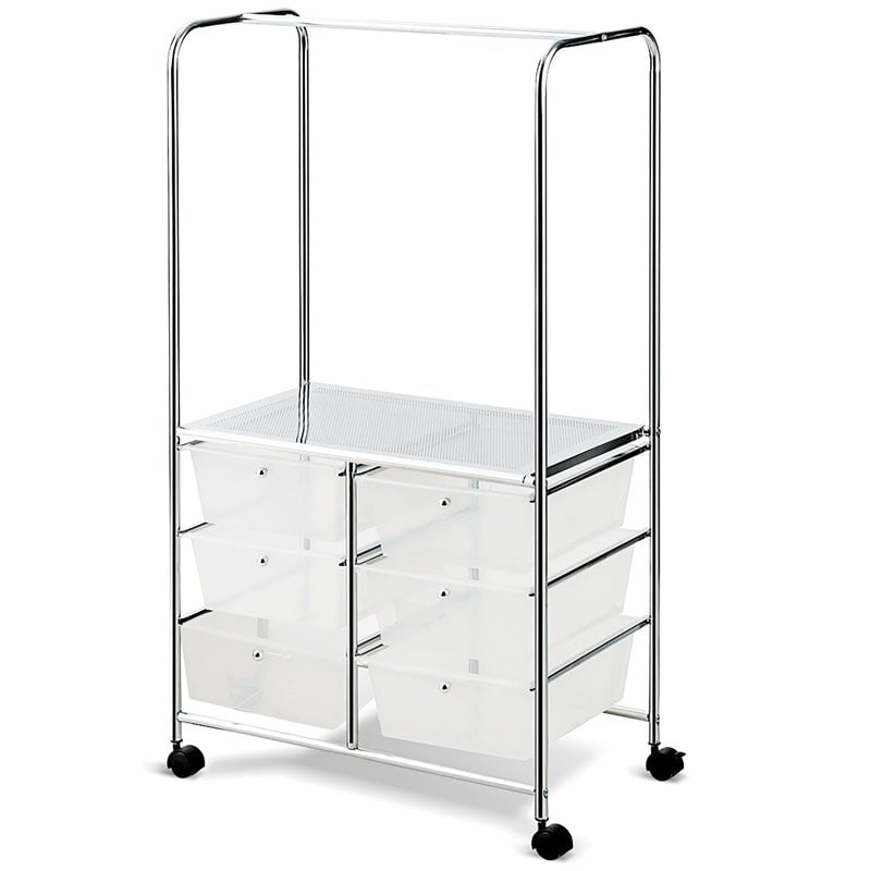 Costway 6-drawer Steel and PP Rolling Storage Cart with Hanging Bar in Clear