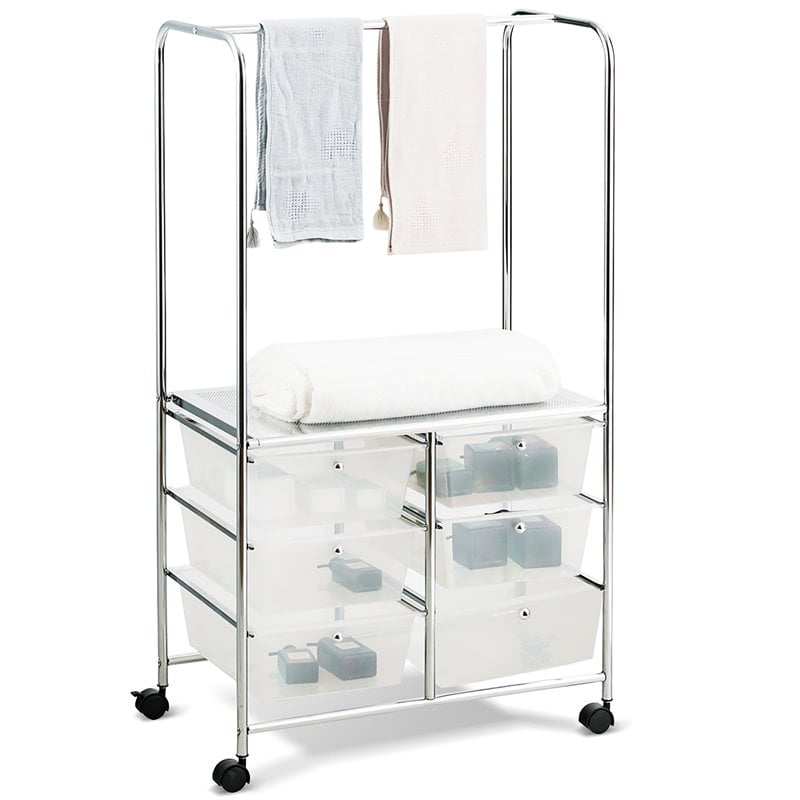 Costway 6-drawer Steel and PP Rolling Storage Cart with Hanging Bar in Clear