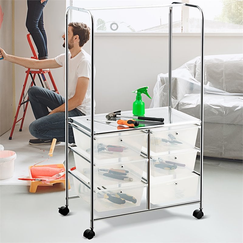 Costway 6-drawer Steel and PP Rolling Storage Cart with Hanging Bar in Clear