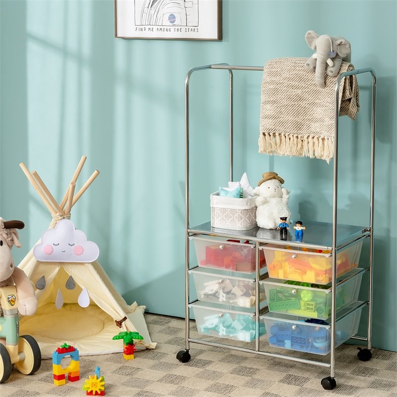 Costway 6-drawer Steel and PP Rolling Storage Cart with Hanging Bar in Clear