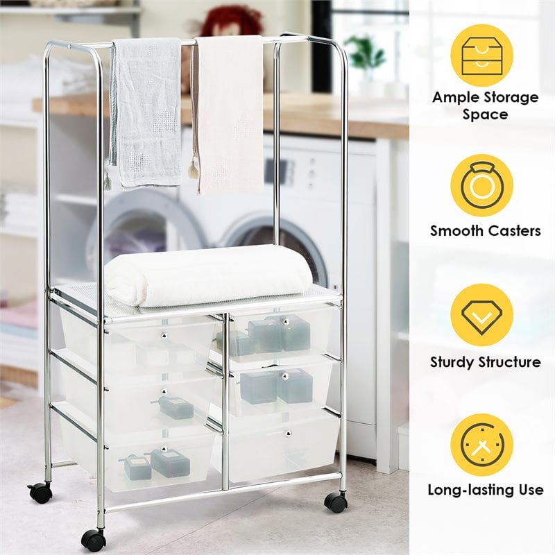 Costway 6-drawer Steel and PP Rolling Storage Cart with Hanging Bar in Clear