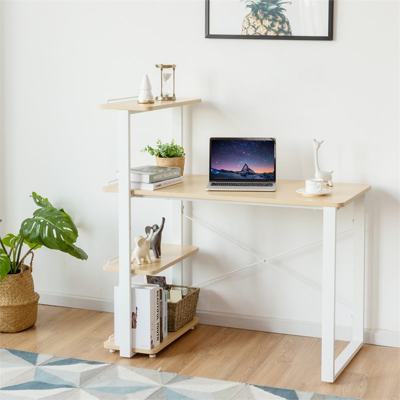 Costway Engineered Wood Computer Desk with Adjustable Bookshelf in Natural