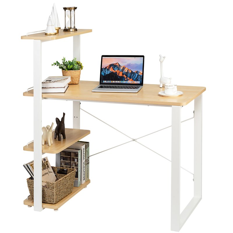 Costway Engineered Wood Computer Desk with Adjustable Bookshelf in Natural