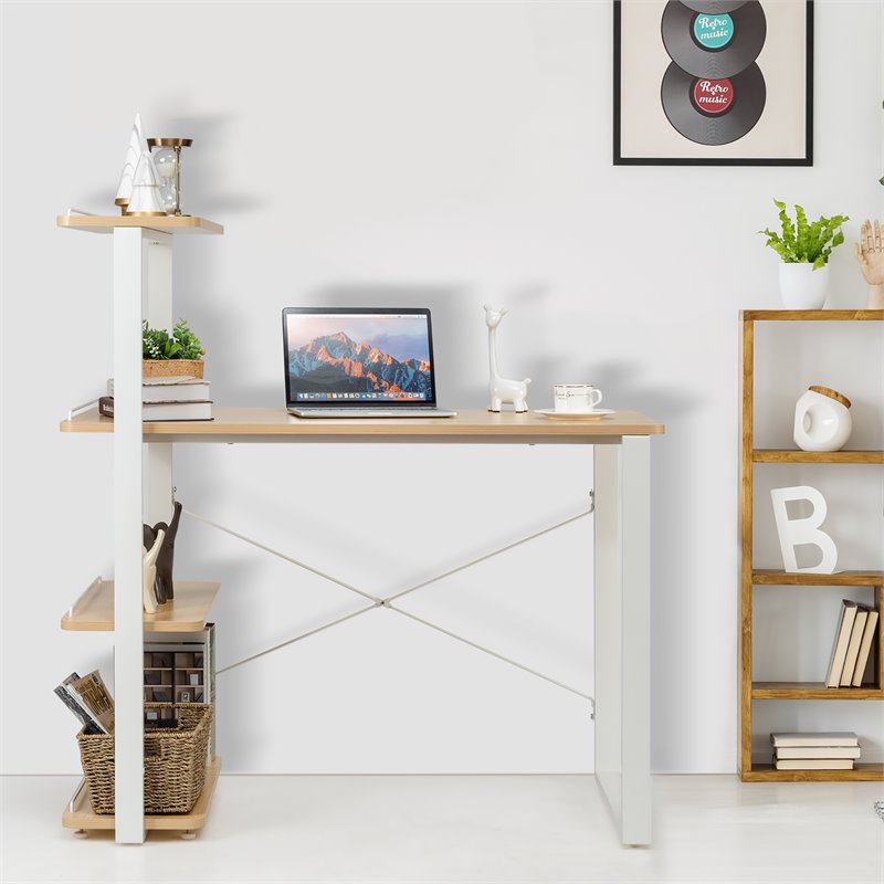 Costway Engineered Wood Computer Desk with Adjustable Bookshelf in Natural