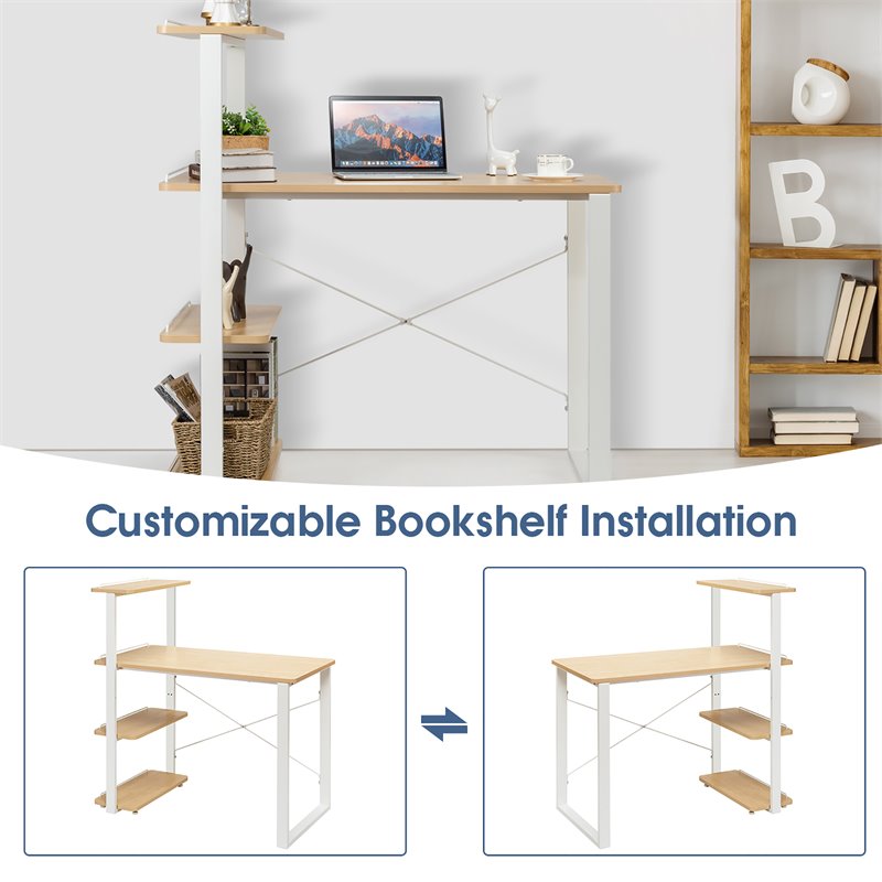 Costway Engineered Wood Computer Desk with Adjustable Bookshelf in Natural
