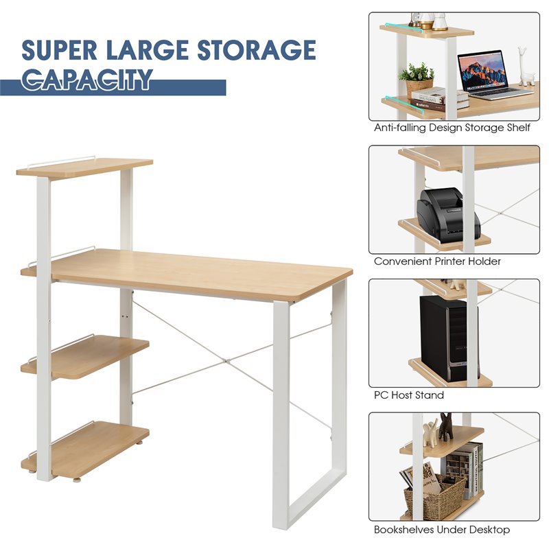 Costway Engineered Wood Computer Desk with Adjustable Bookshelf in Natural