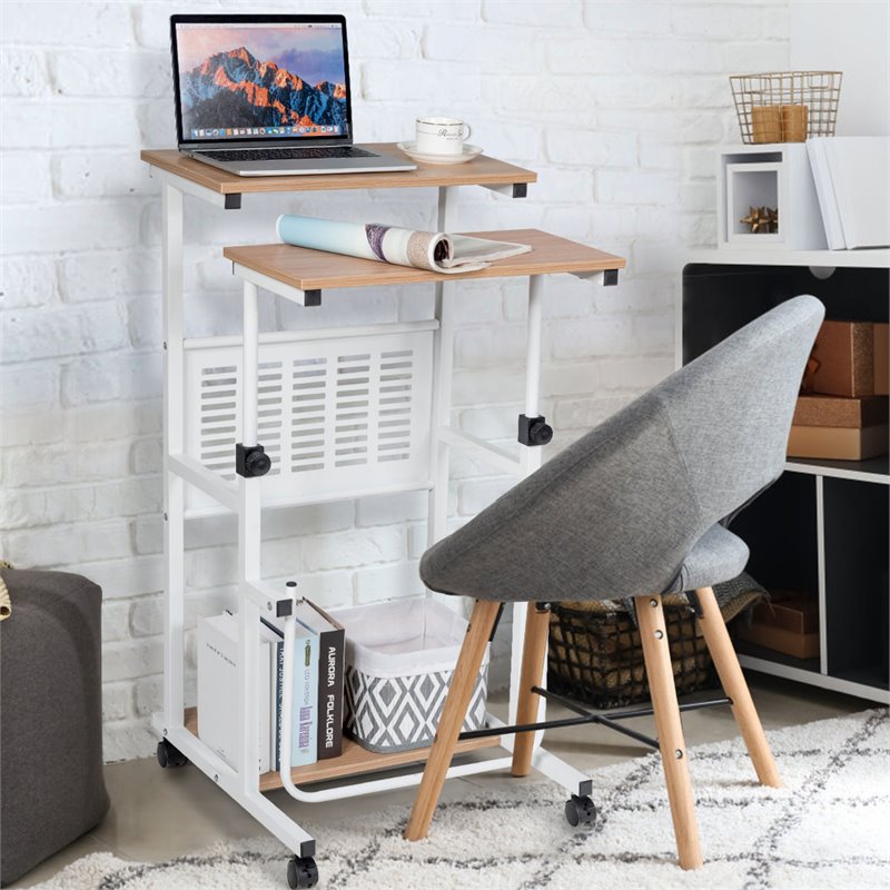 Costway MDF Adjustable Height Computer Standing Desk w/ Wheels & Footrest in Oak