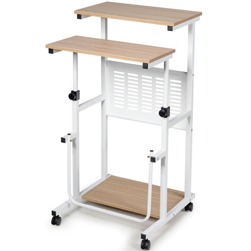 Costway MDF Adjustable Height Computer Standing Desk w/ Wheels & Footrest in Oak