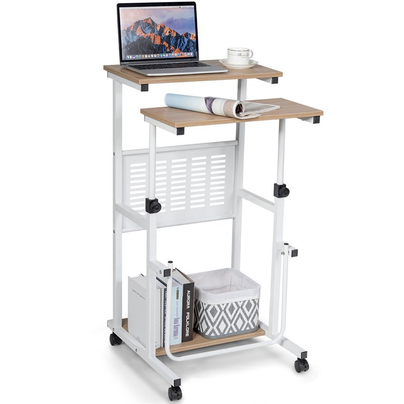 Costway MDF Adjustable Height Computer Standing Desk w/ Wheels & Footrest in Oak