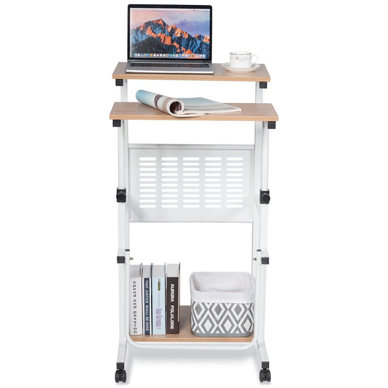Costway MDF Adjustable Height Computer Standing Desk w/ Wheels & Footrest in Oak