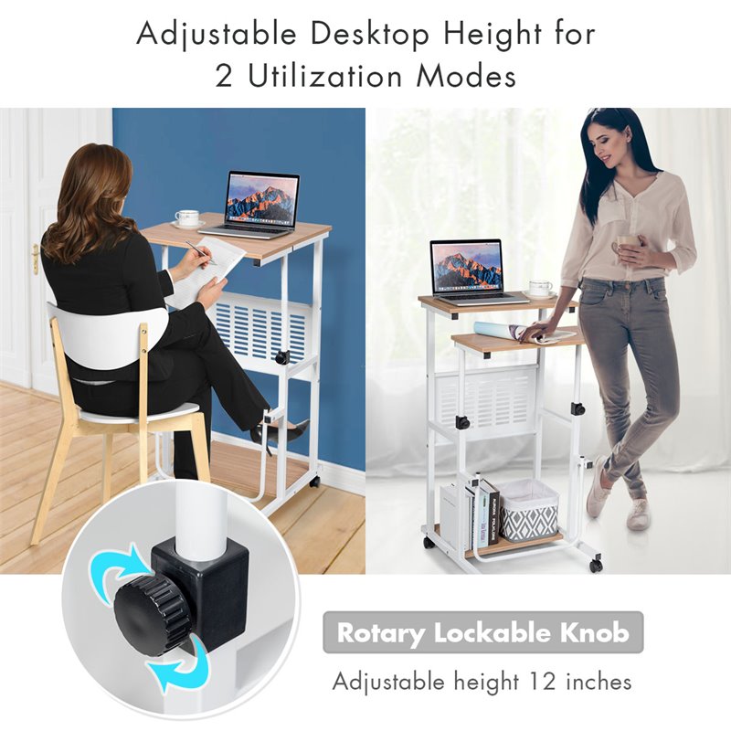 Costway MDF Adjustable Height Computer Standing Desk w/ Wheels & Footrest in Oak