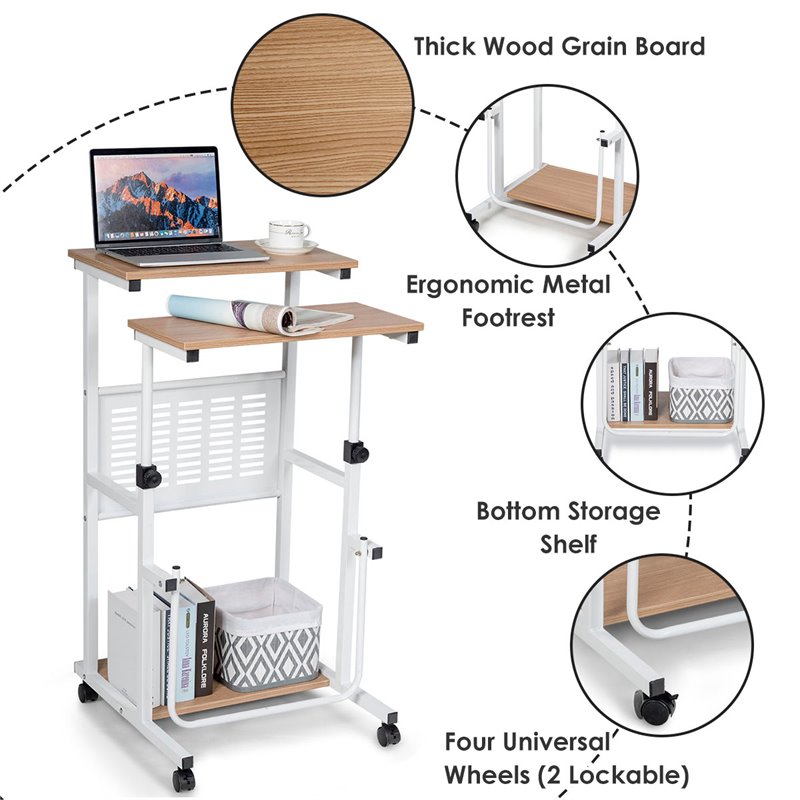 Costway MDF Adjustable Height Computer Standing Desk w/ Wheels & Footrest in Oak