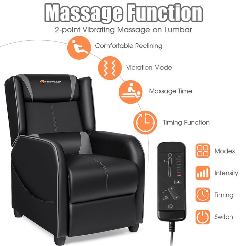 Costway Contemporary Faux Leather Massage Gaming Recliner Chair in Gray