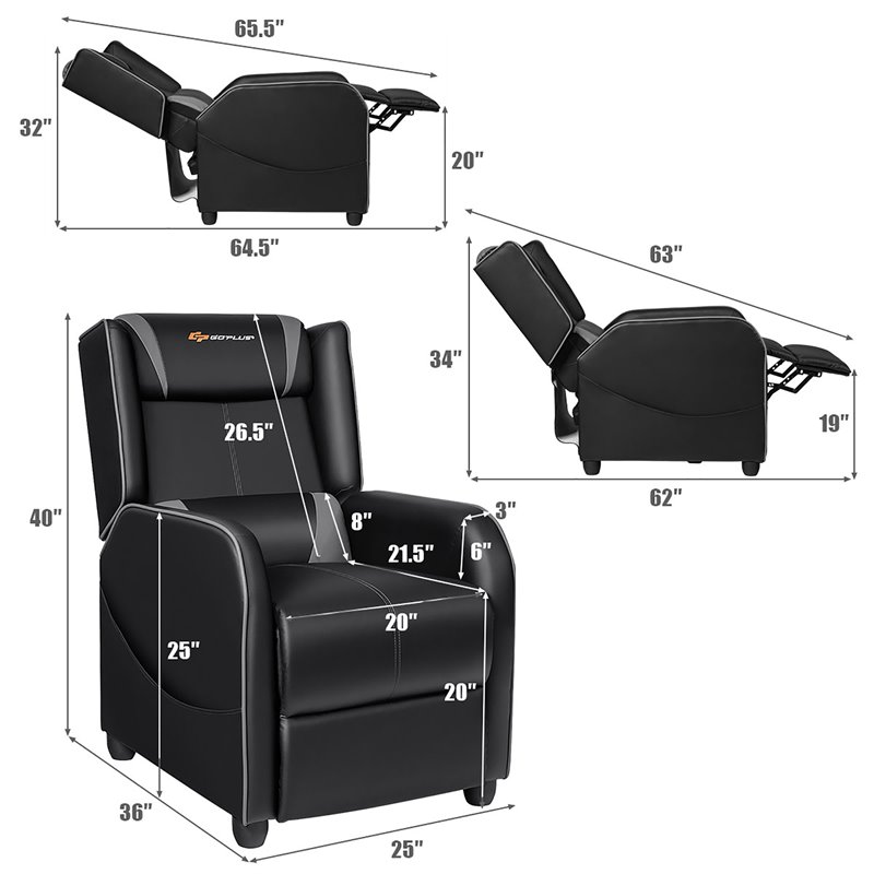 Costway Contemporary Faux Leather Massage Gaming Recliner Chair in Gray