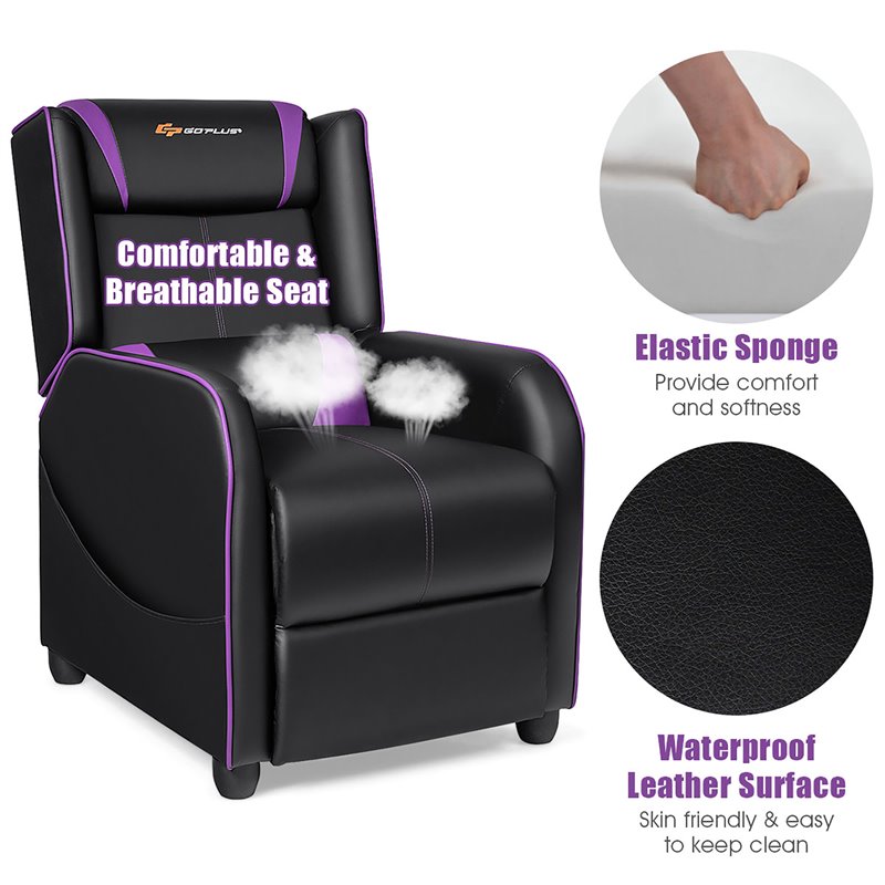 Costway Contemporary Faux Leather Massage Gaming Recliner Chair in Purple