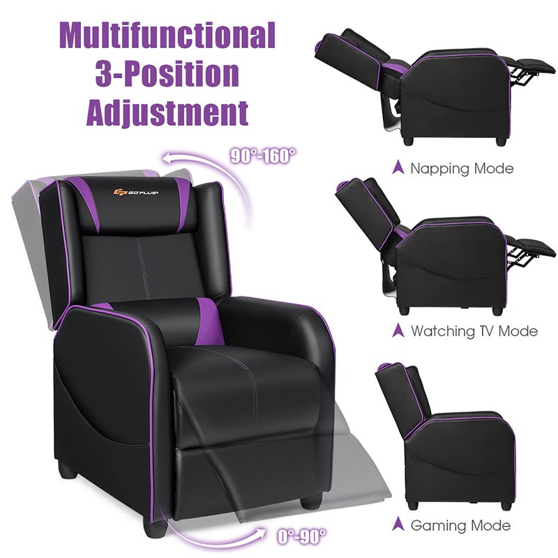 Costway Contemporary Faux Leather Massage Gaming Recliner Chair in Purple