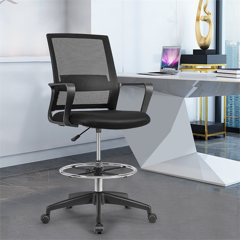 Costway Mesh and Sponge Adjustable Height Drafting Chair with Footrest in Black
