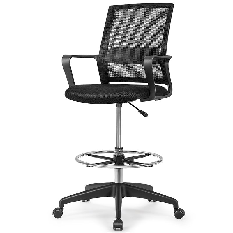 Costway Mesh and Sponge Adjustable Height Drafting Chair with Footrest in Black