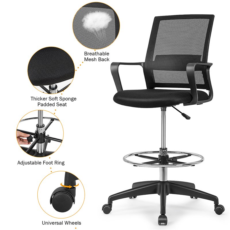 Costway Mesh and Sponge Adjustable Height Drafting Chair with Footrest in Black