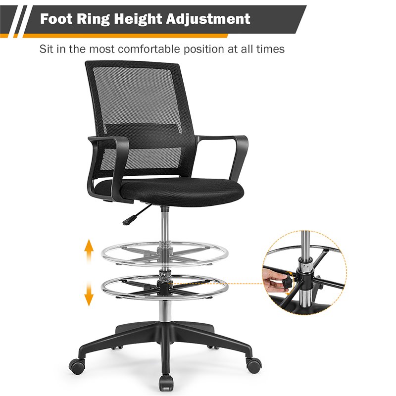 Costway Mesh and Sponge Adjustable Height Drafting Chair with Footrest in Black