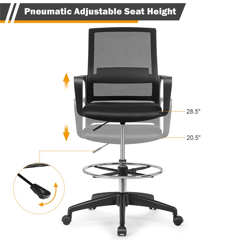 Costway Mesh and Sponge Adjustable Height Drafting Chair with Footrest in Black