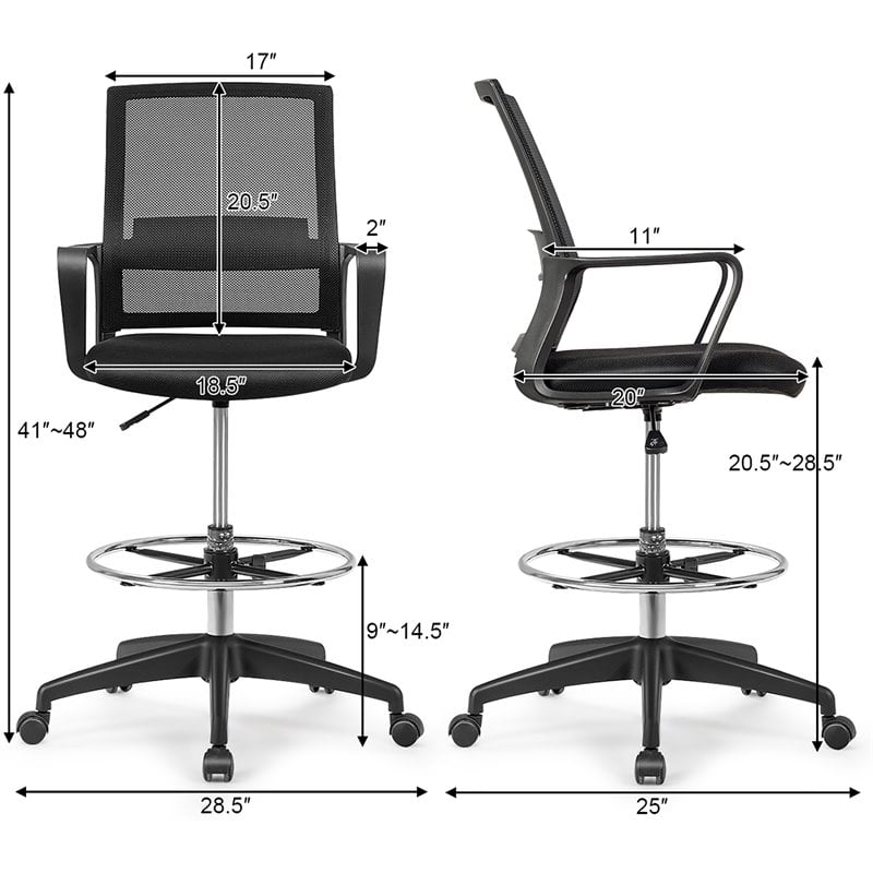 Costway Mesh and Sponge Adjustable Height Drafting Chair with Footrest in Black